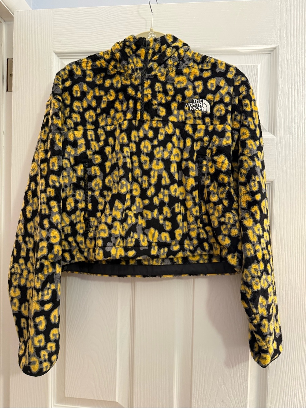 The North Face Black and Yellow Leopard Print Teddy Fleece Jacket